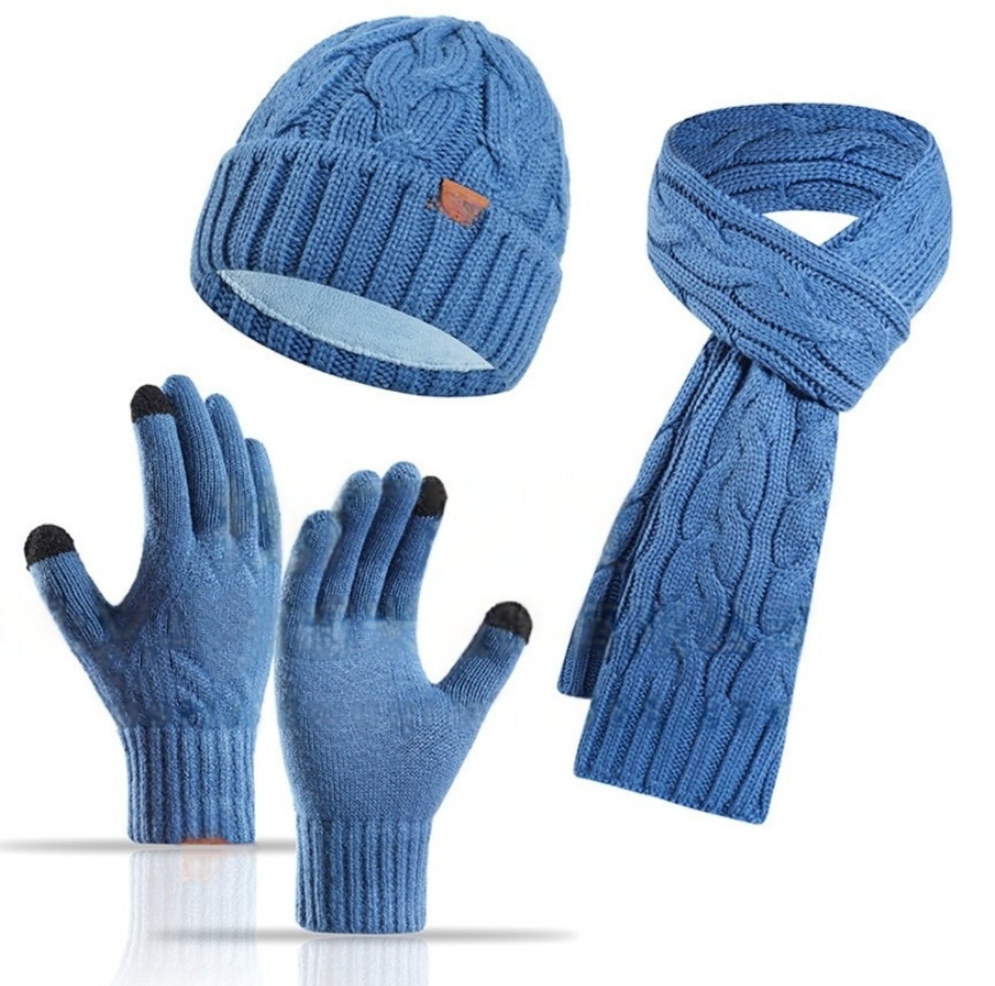 Womens Winter Knit Warm Hat Beanie Long Scarf Touch Screen Gloves Set